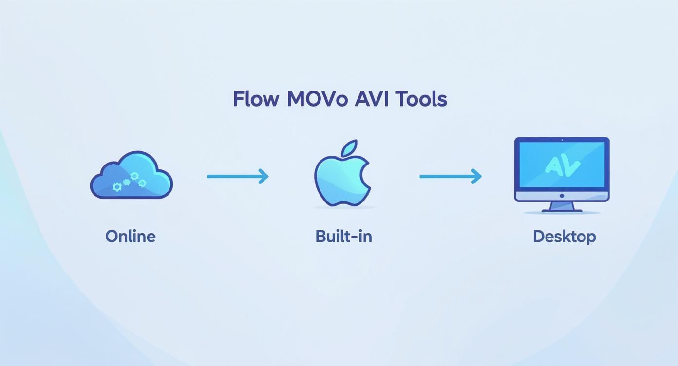 A diagram illustrating the flow of MOVo AVI tools from online cloud to built-in Apple and desktop.