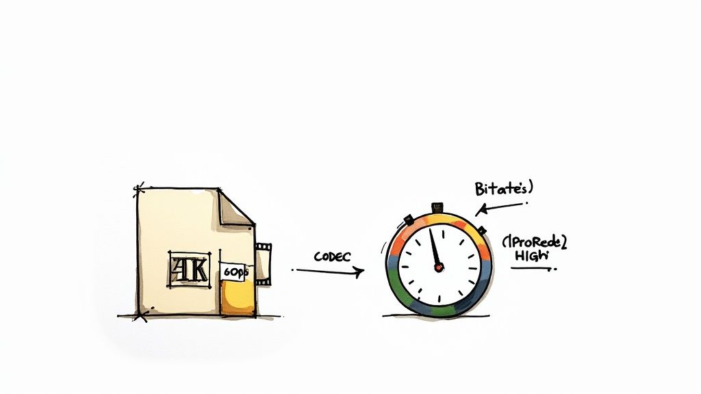 Diagram showing a 4K 60p video file processed by a CODEC, resulting in adjusted bitrates.
