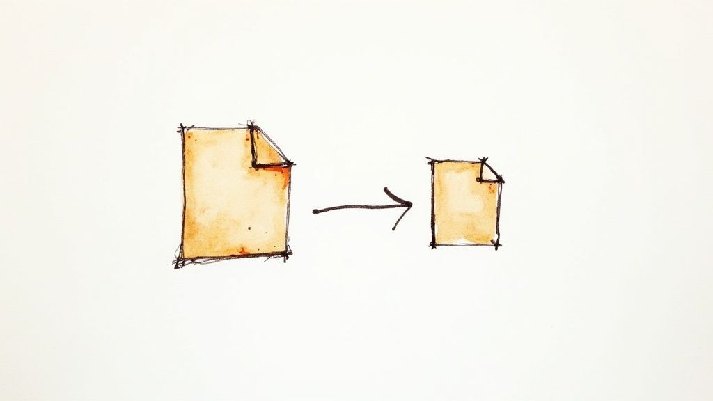 A magnifying glass hovering over digital data blocks, visualizing the process of file compression.