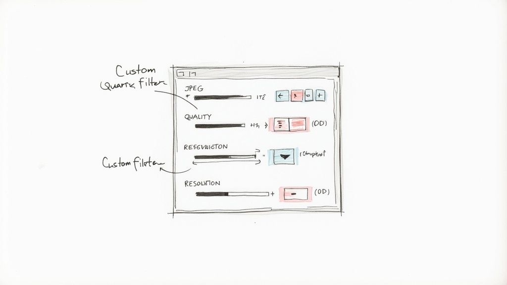 A hand-drawn UI sketch depicting image compression and resolution settings with custom filter options.