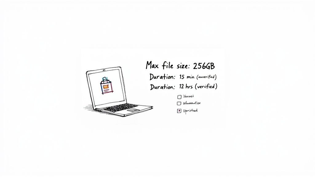 A hand-drawn laptop displaying file size limits, video durations (unverified/verified), and a checked 'verified' option.