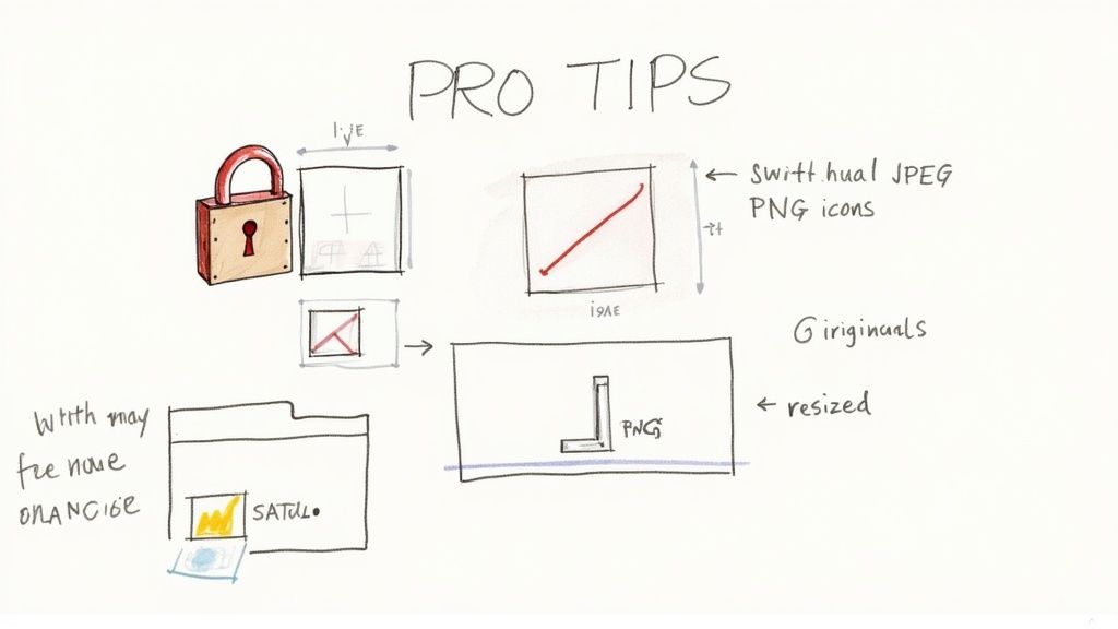 Hand-drawn diagrams illustrating pro tips for image resizing, cropping, and managing JPEG/PNG files.