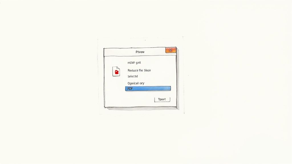 A whimsical, hand-drawn dialog box for file compression, showing a PDF option and a button.