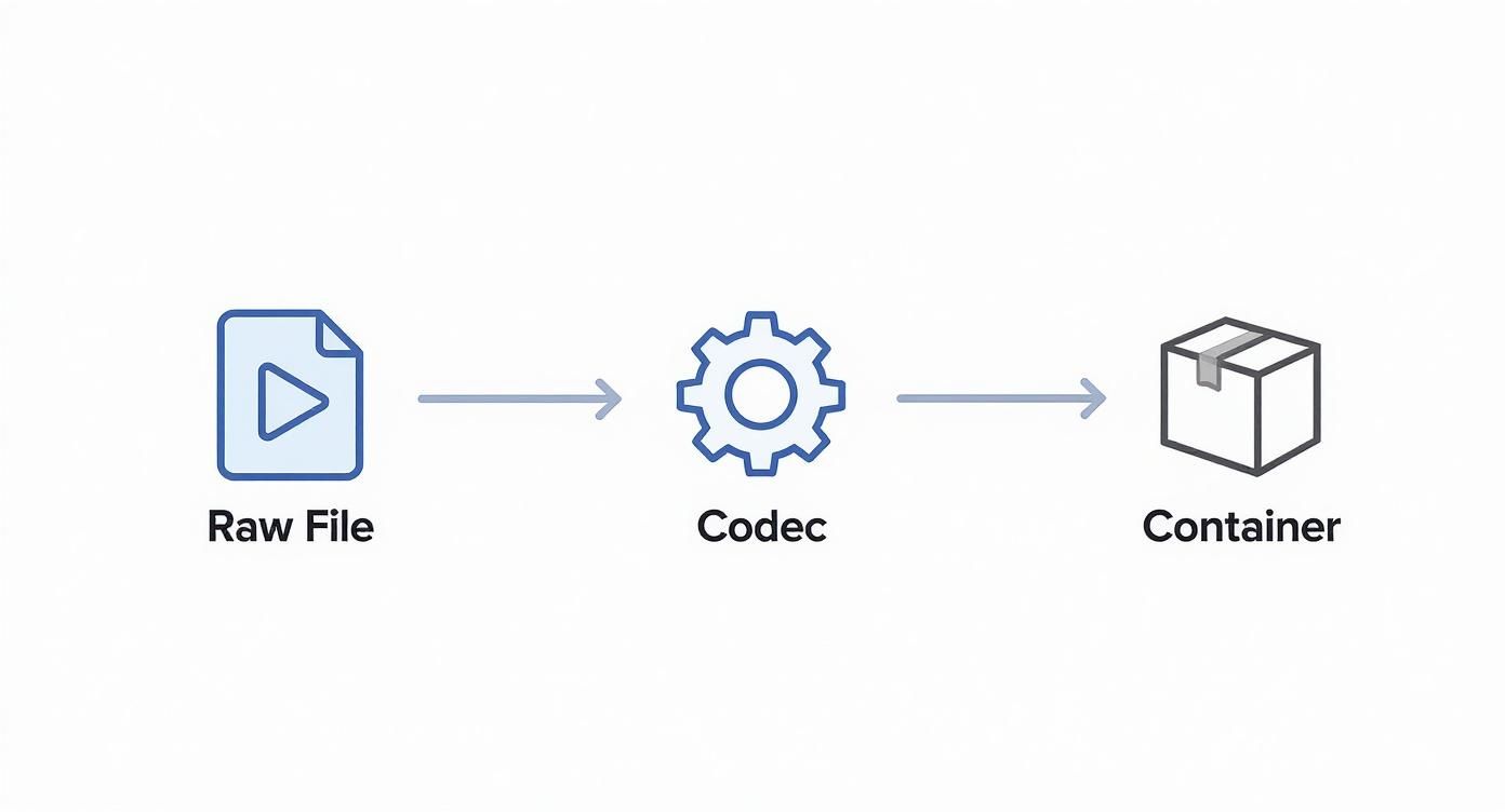 A diagram illustrating the video compression process from a raw file through a codec to a container.