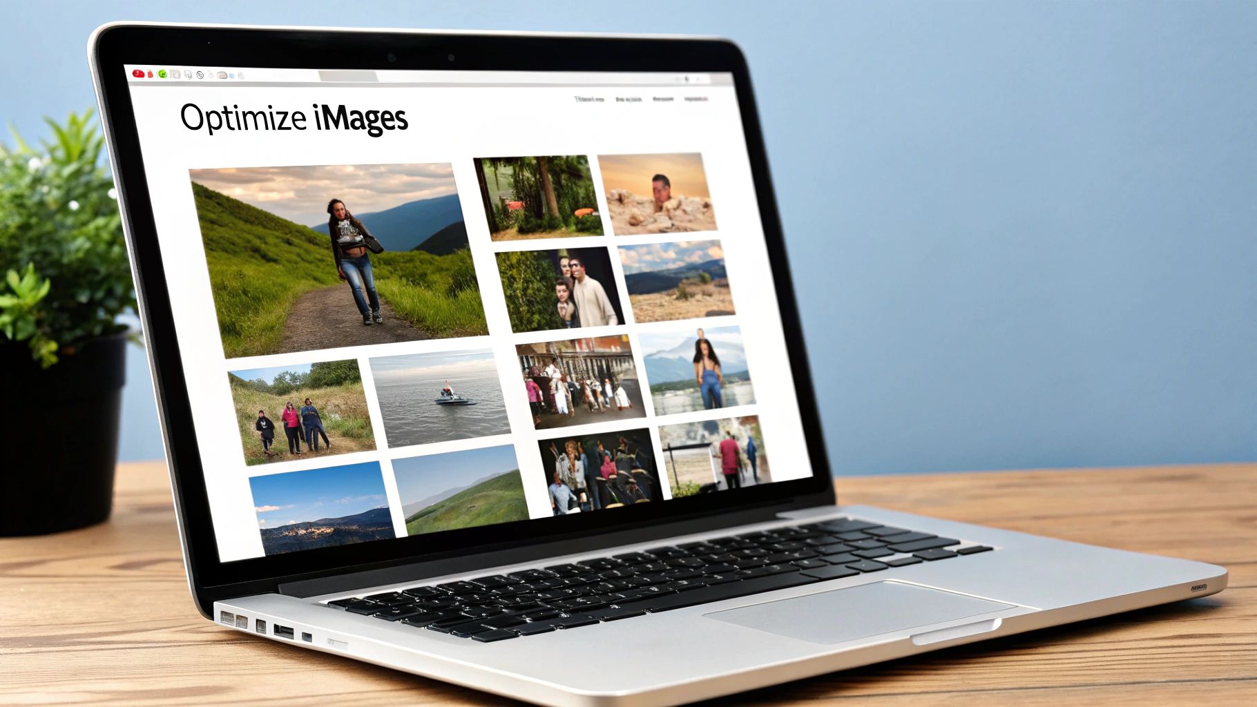 A DSLR camera sits next to a laptop displaying an image editing software interface, suggesting the process of photo optimization.
