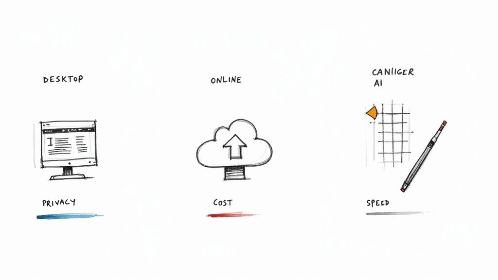 A person using a laptop with photo editing software to enhance a blurry image.