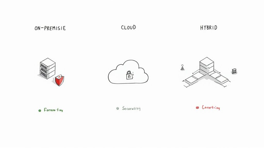 Diagram comparing on-premise, cloud, and hybrid security models