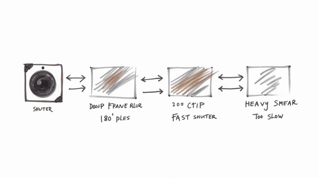 Diagram comparing shutter speed effects on video frame blur with 180 degree rule examples