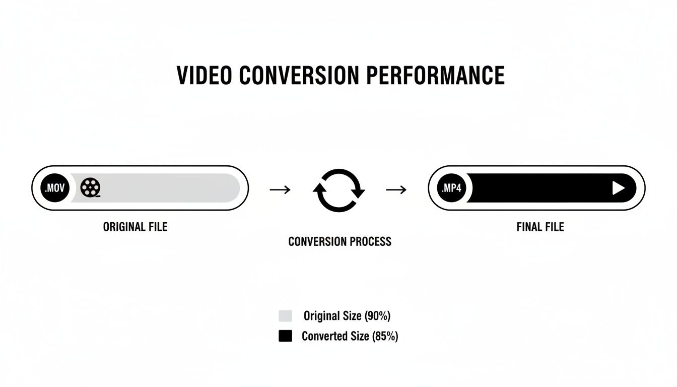 Diagram illustrating video conversion performance, showing a MOV file converted to a smaller MP4 file.