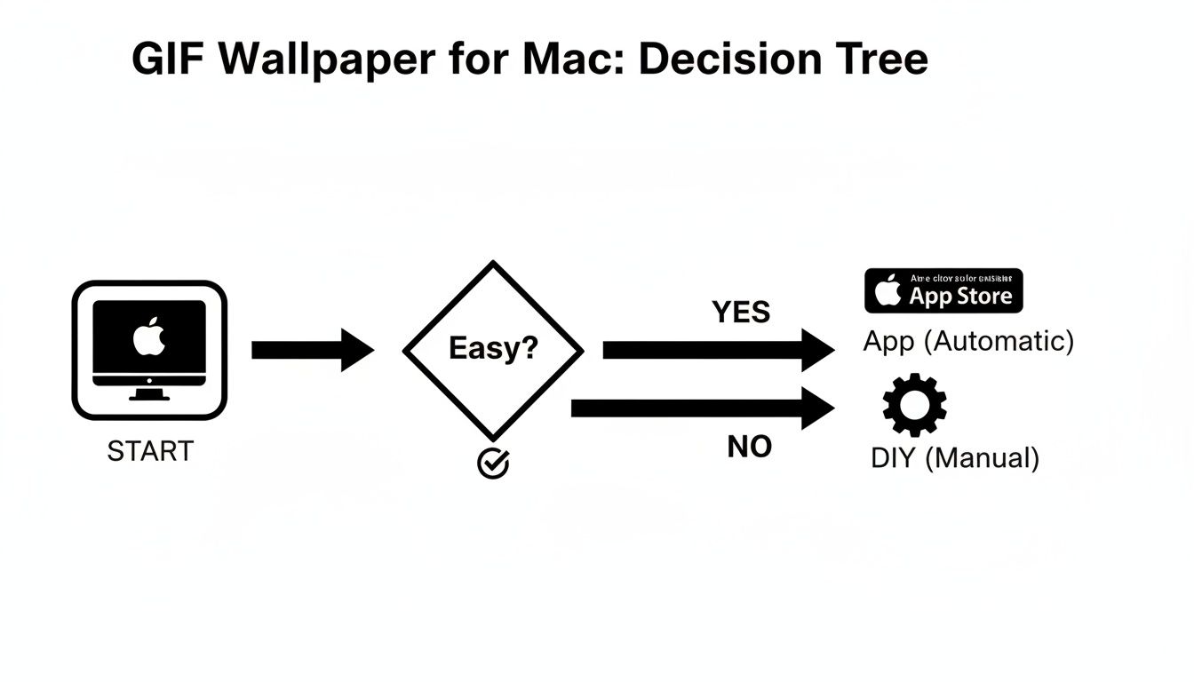 Decision tree for making a GIF your wallpaper on Mac, offering automatic app or manual DIY.
