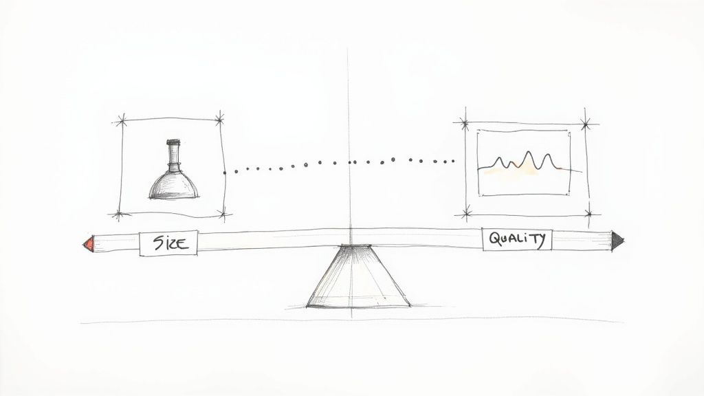 Hand-drawn balance scale illustrating the relationship between file size and quality.