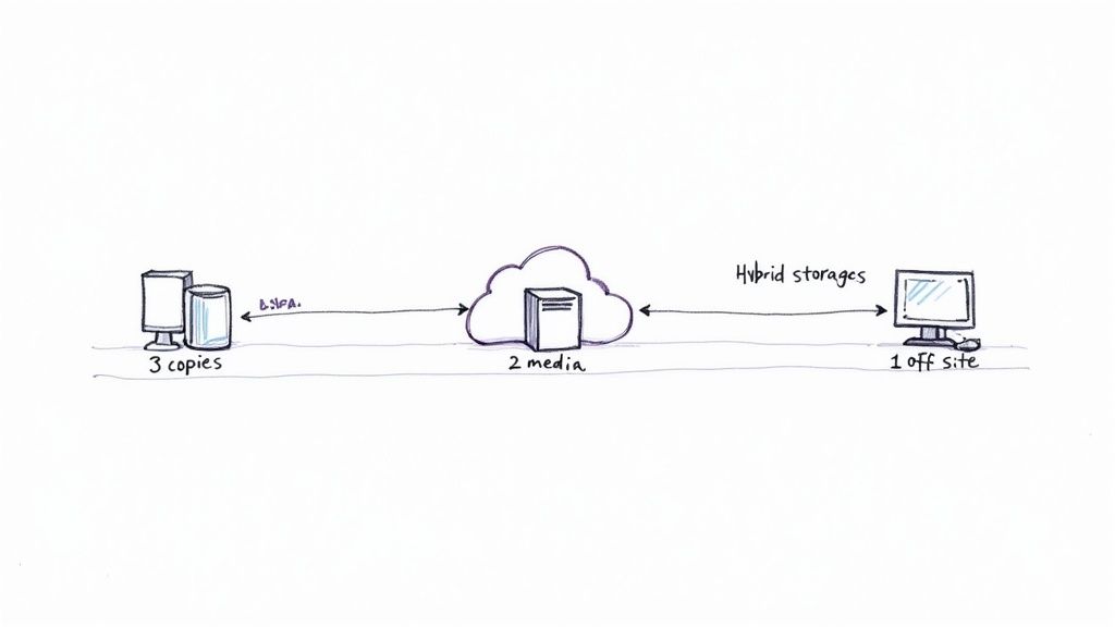 Diagram illustrating a data backup strategy showing 3 local copies, 2 cloud media, and 1 offsite storage.
