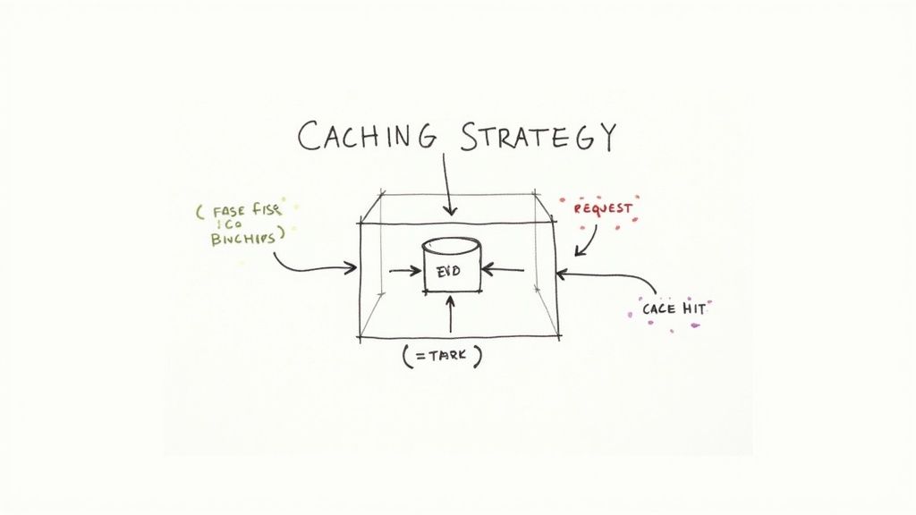 A hand-drawn diagram illustrating a caching strategy with requests, cache hits, and an EID cache.