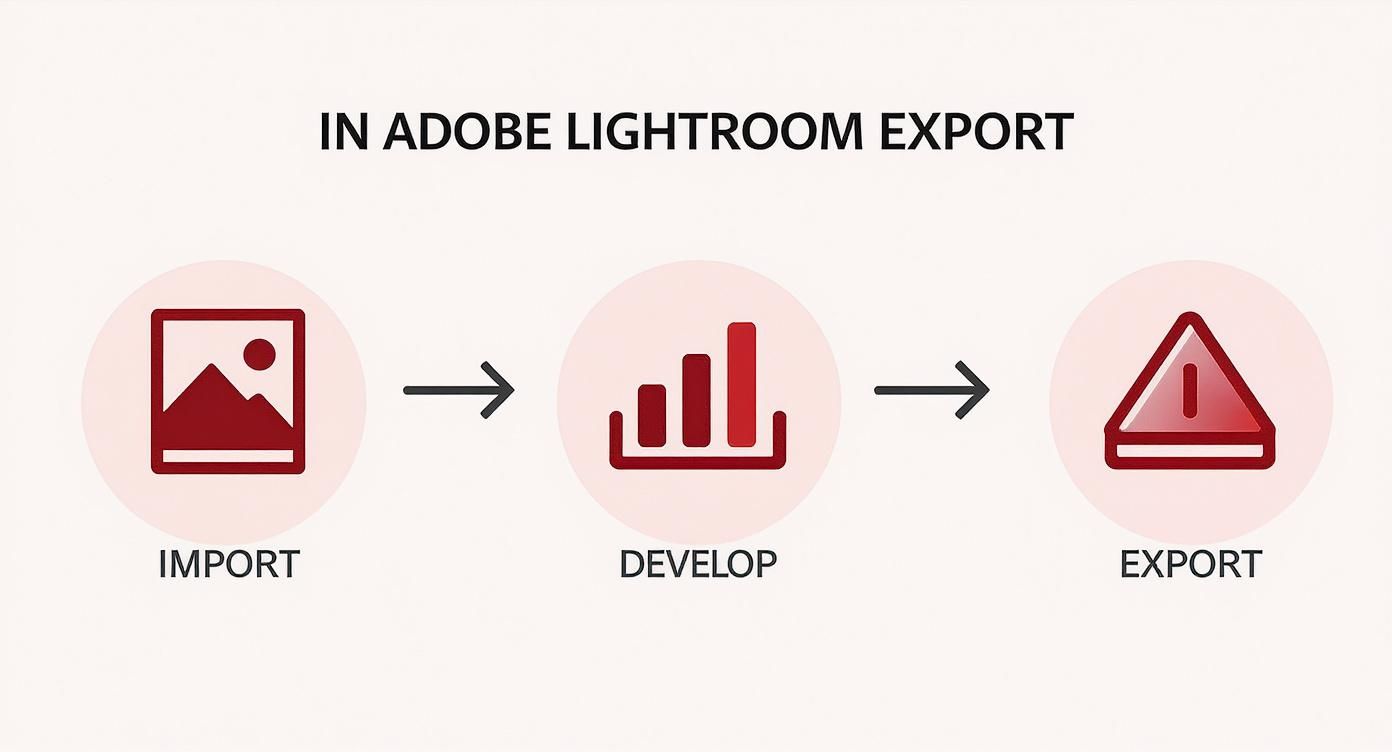 Infographic showing a process flow for image export with steps for Import, Develop, and Export.