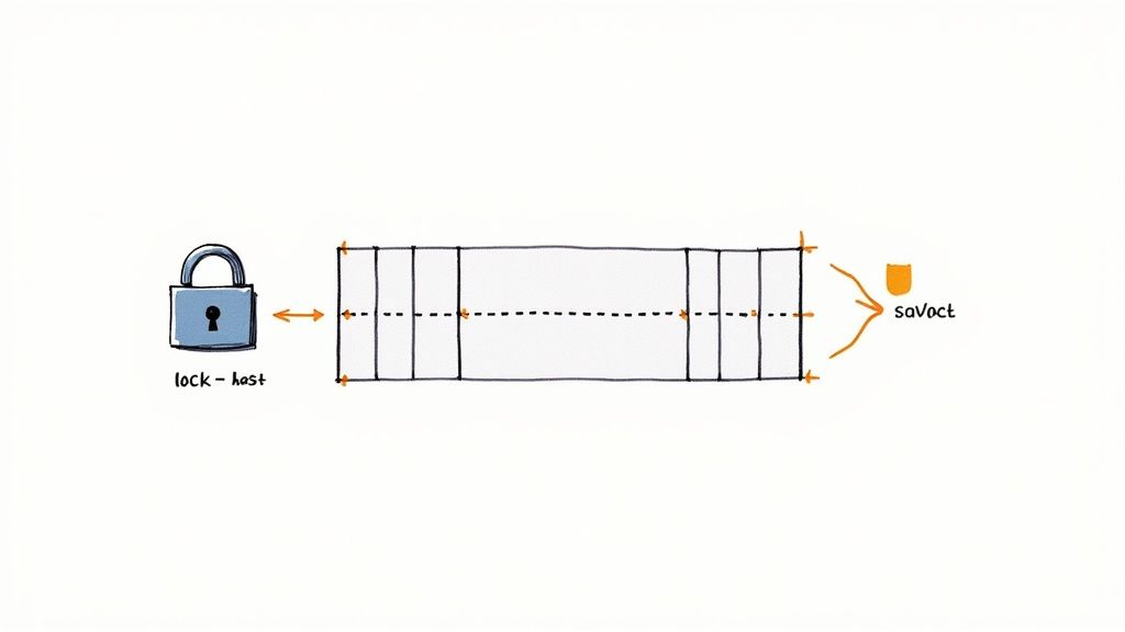 Diagram showing a lock labeled 'lock-hast' protecting a segmented data stream flowing into a 'saVoct' system.