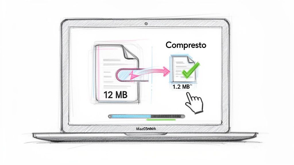 Laptop screen sketch shows a 12 MB file being compressed to 1.2 MB with a progress bar.