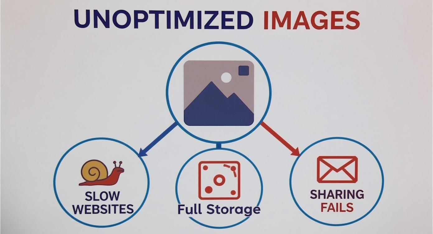 Diagram illustrating the negative consequences of unoptimized images, including slow websites, full storage, and sharing failures.
