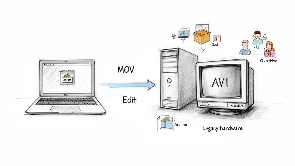 Diagram showing MOV file conversion from laptop to AVI on legacy hardware for editing and archiving.