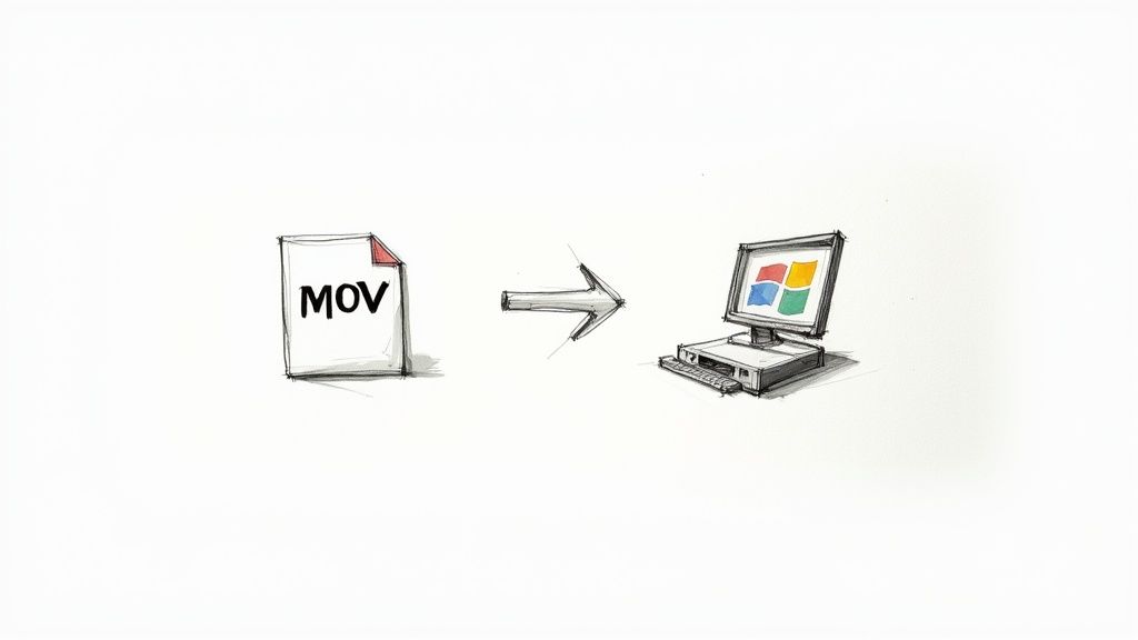 A hand-drawn illustration shows a MOV file icon with an arrow pointing to a Windows computer.