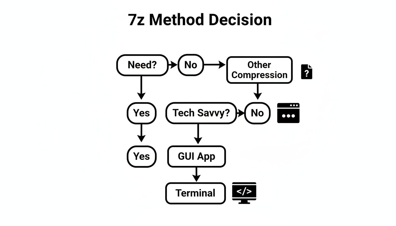 A flowchart showing decisions for using 7z compression, leading to GUI App or Terminal methods.