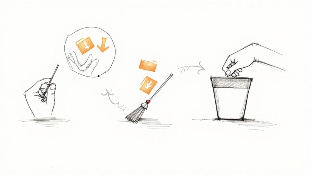 Illustrated guide showing hands organizing and deleting digital files to free up storage space