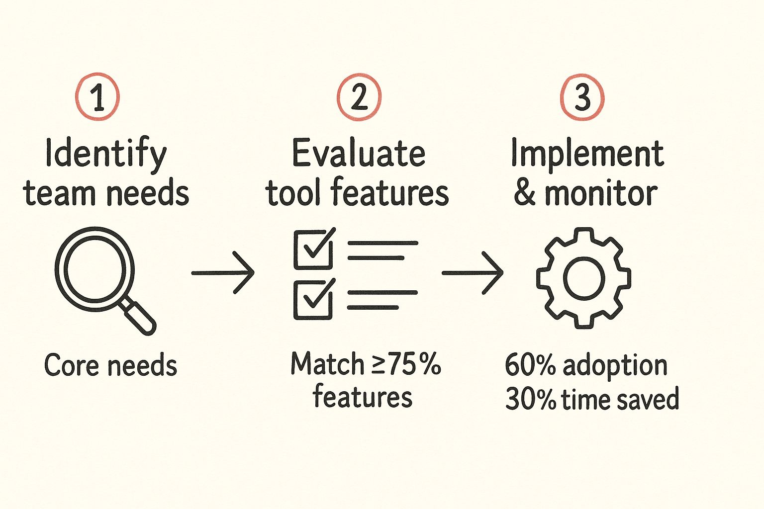Infographic detailing a three-step process: Identify team needs with a magnifying glass, evaluate tool features with a checklist, and implement and monitor with a gear icon, noting key metrics like 60% adoption and 30% time saved.