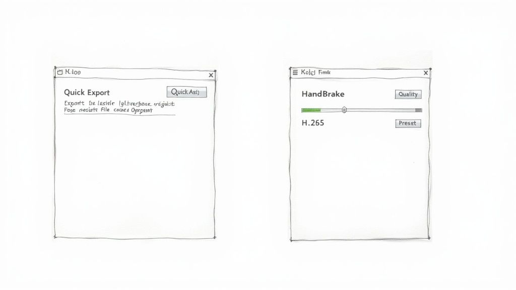 Sketches of two software windows for quick export and HandBrake H.265 video compression settings.