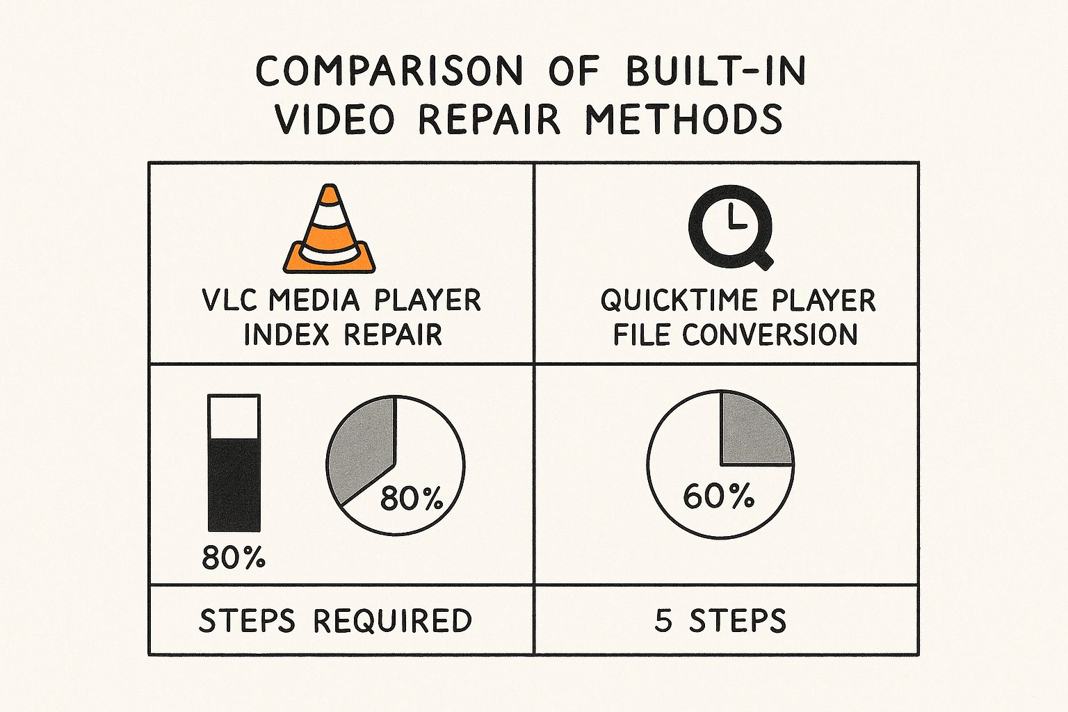 Infographic comparing VLC Media Player index repair and QuickTime Player file conversion for fixing corrupted video files.