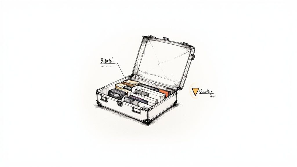 A hand-drawn sketch of an open briefcase filled with media tapes, labeled 'Bitrate!' and 'Quality'.