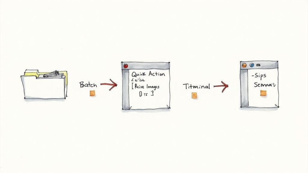 A Mac user creating a simple automation workflow in the Shortcuts app to resize images.