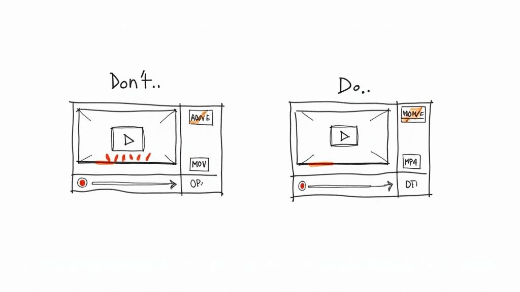 Sketches show video players illustrating poor versus good video quality and compression.