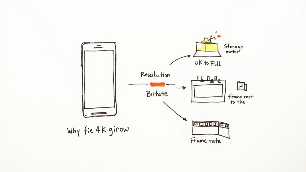 A hand-drawn diagram illustrating how video resolution, bitrate, and frame rate impact storage.