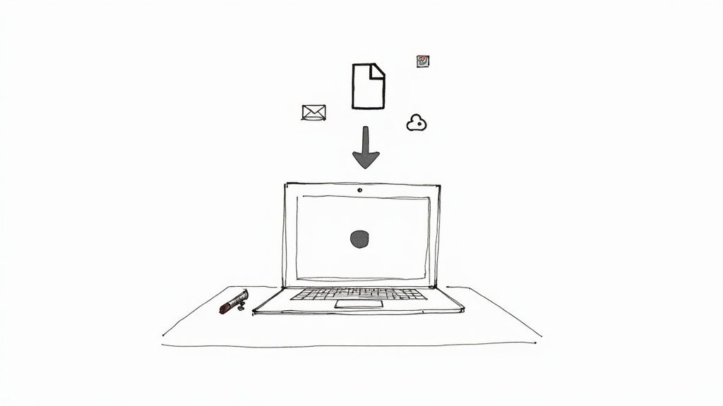 Hand-drawn illustration of data (document, email, cloud) downloading onto a laptop on a white desk.