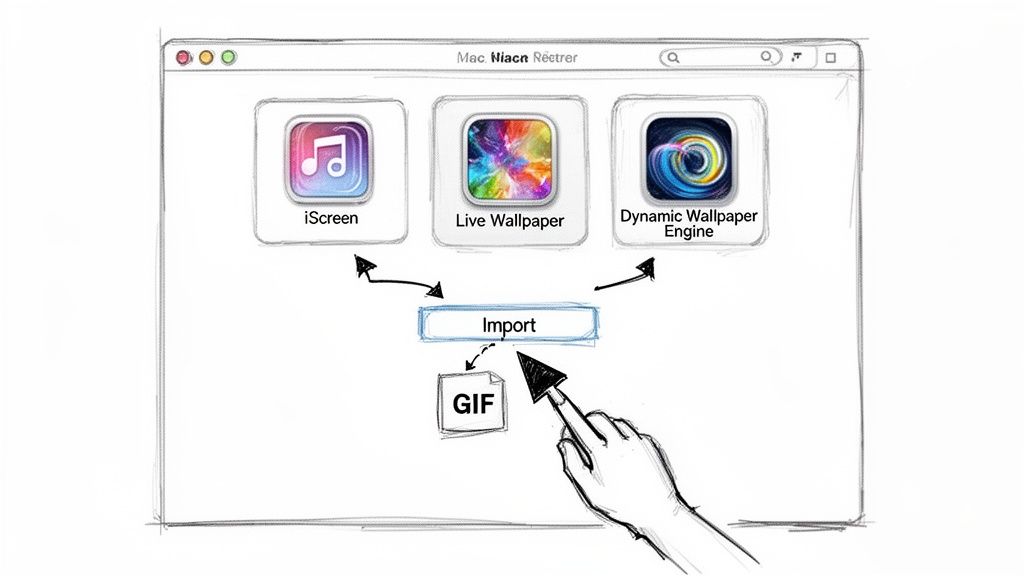 A hand drags a GIF file to an import button, connecting to wallpaper applications like iScreen.