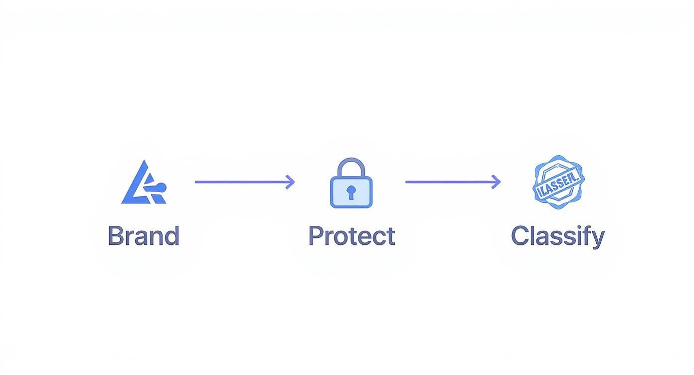 Infographic decision tree showing three paths for choosing a PDF watermark type: Brand, Protect, and Classify, each with a relevant icon.