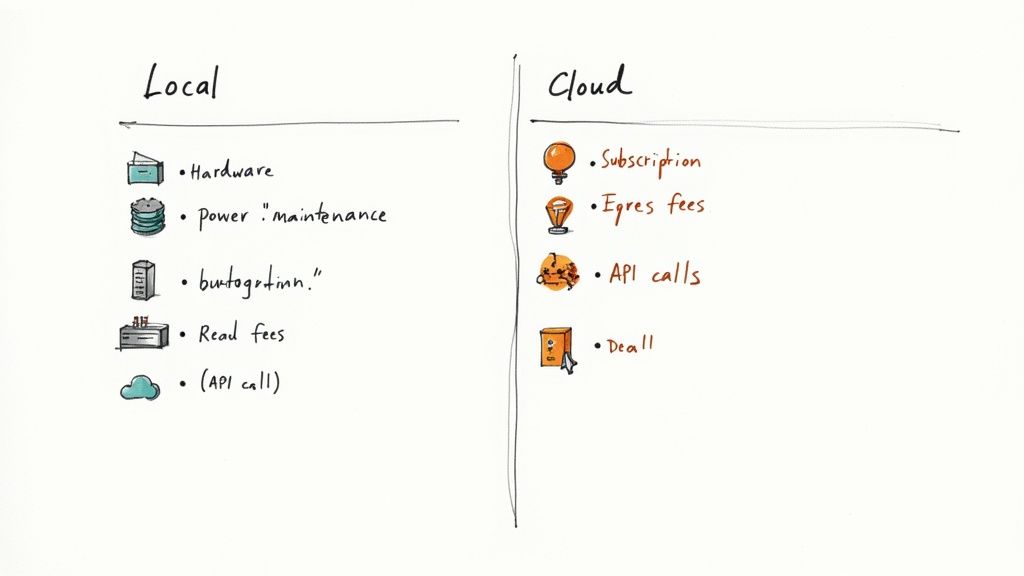 A whiteboard illustration comparing cost factors for local infrastructure, including hardware and power, with cloud services, showing subscriptions and egress fees.