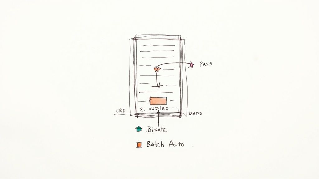 A hand-drawn diagram illustrating a video processing workflow with CRF, DAPS, Bitrate, and Batch Auto options.