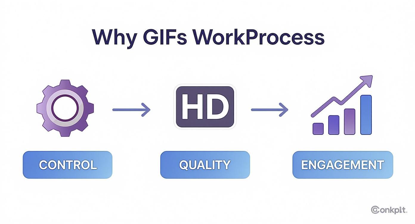Infographic showing three reasons why GIFs work: control, quality, and engagement with icons and arrows