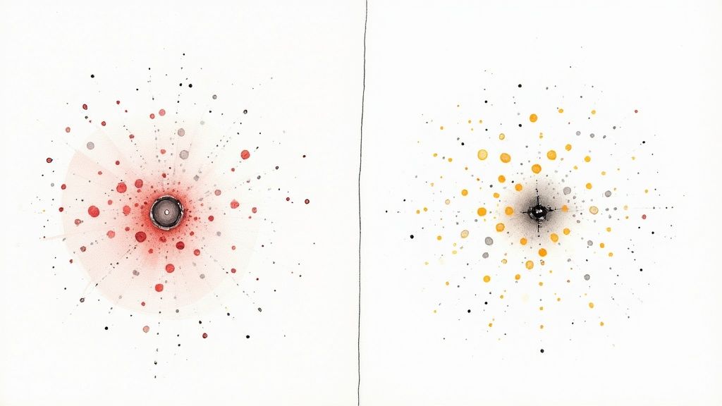 A magnifying glass showing the difference between pixels on a screen and ink dots on paper
