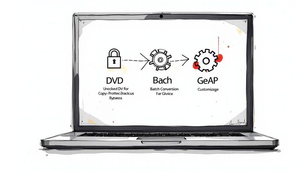 A collection of DVDs and a laptop showing conversion software