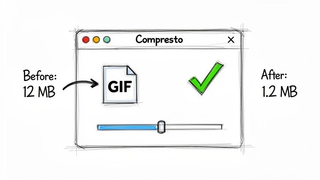 A cartoon illustration of Compresso software compressing a 12 MB GIF file to 1.2 MB, showing a significant reduction.