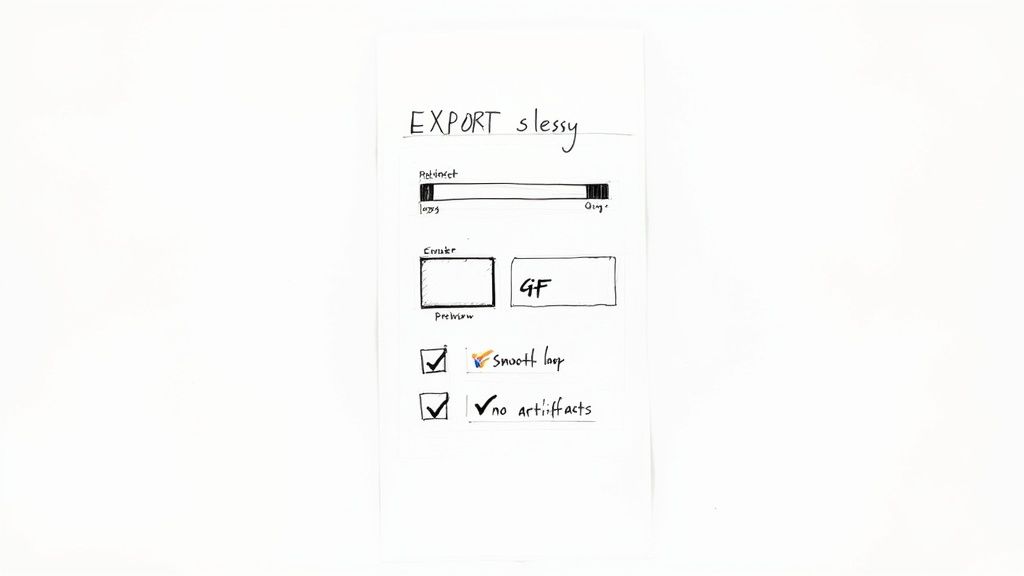 Hand-drawn sketch of video export settings showing sliders, format options, and checkboxes for smooth loop