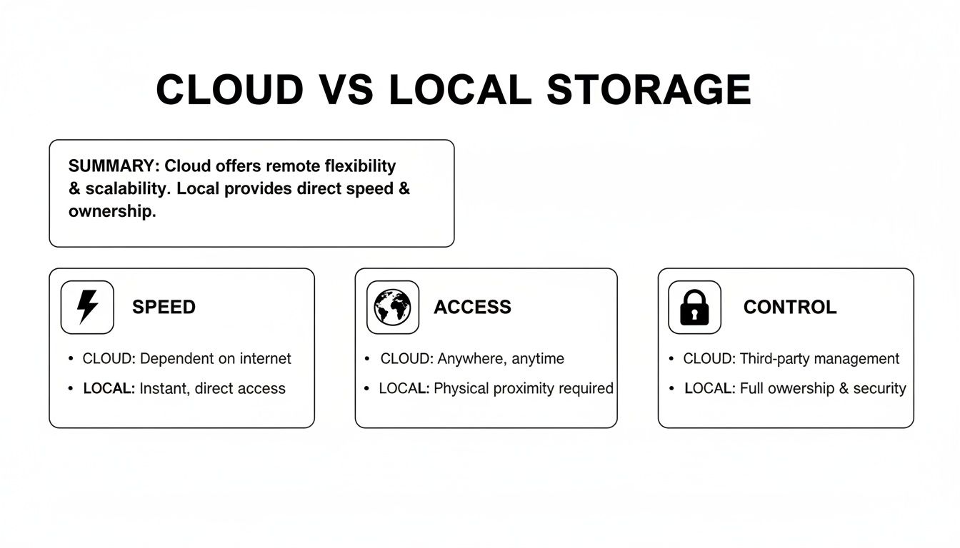 A detailed comparison chart illustrating the differences between cloud and local data storage options.