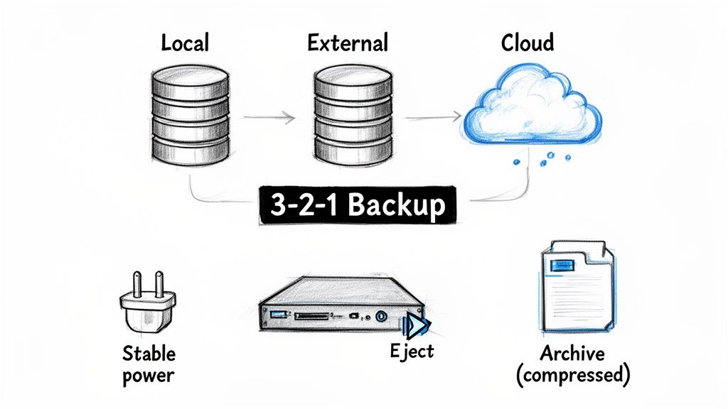 Diagram illustrating the 3-2-1 backup strategy with local, external, and cloud storage, plus related concepts.