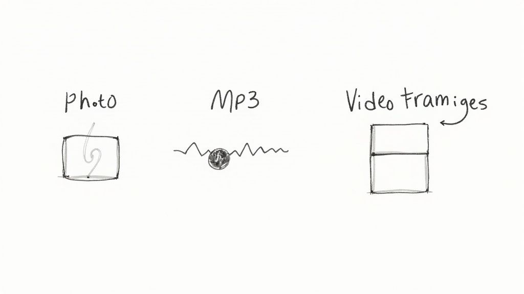 Hand-drawn illustrations represent different media types: a photo icon, an MP3 audio waveform, and stacked video frames.