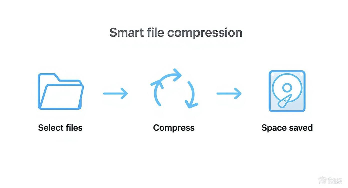 Smart file compression workflow diagram showing three steps: select files, compress, and space saved with icons