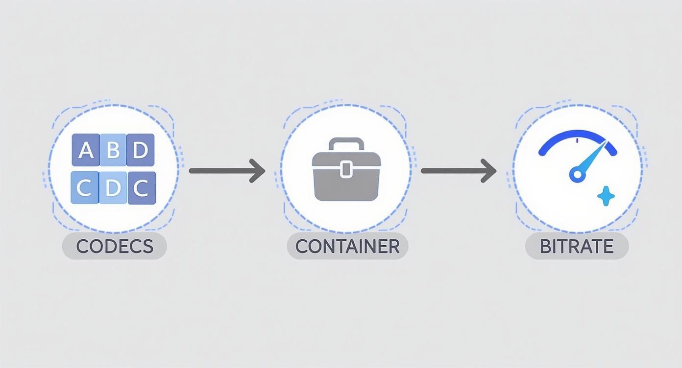 A diagram illustrating the video encoding process from codecs, through a container, to bitrate measurement.
