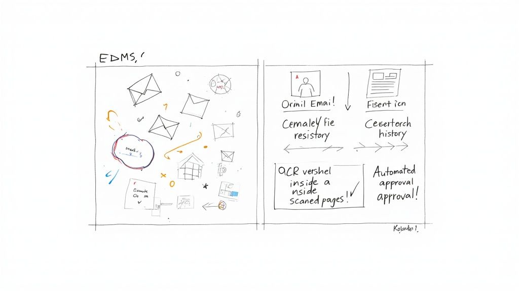 A detailed whiteboard sketch illustrating an Enterprise Document Management System (EDMS) process with email, OCR, and automated approvals.