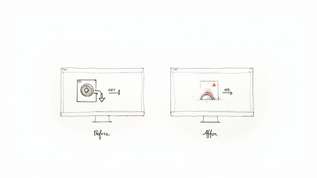 Hand-drawn monitors illustrate before-and-after of a software process, from diagram to visual output.