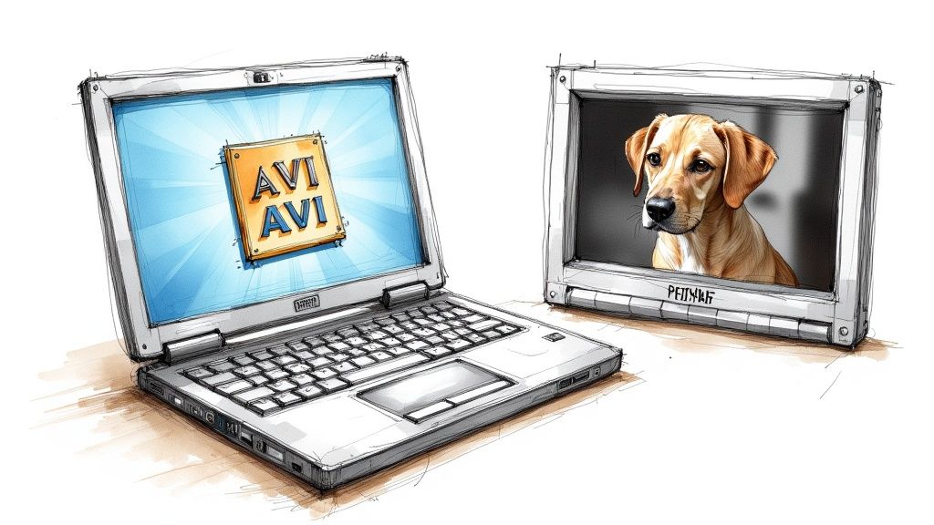 A video reel and film strip on a modern, colorful background, illustrating video formats.